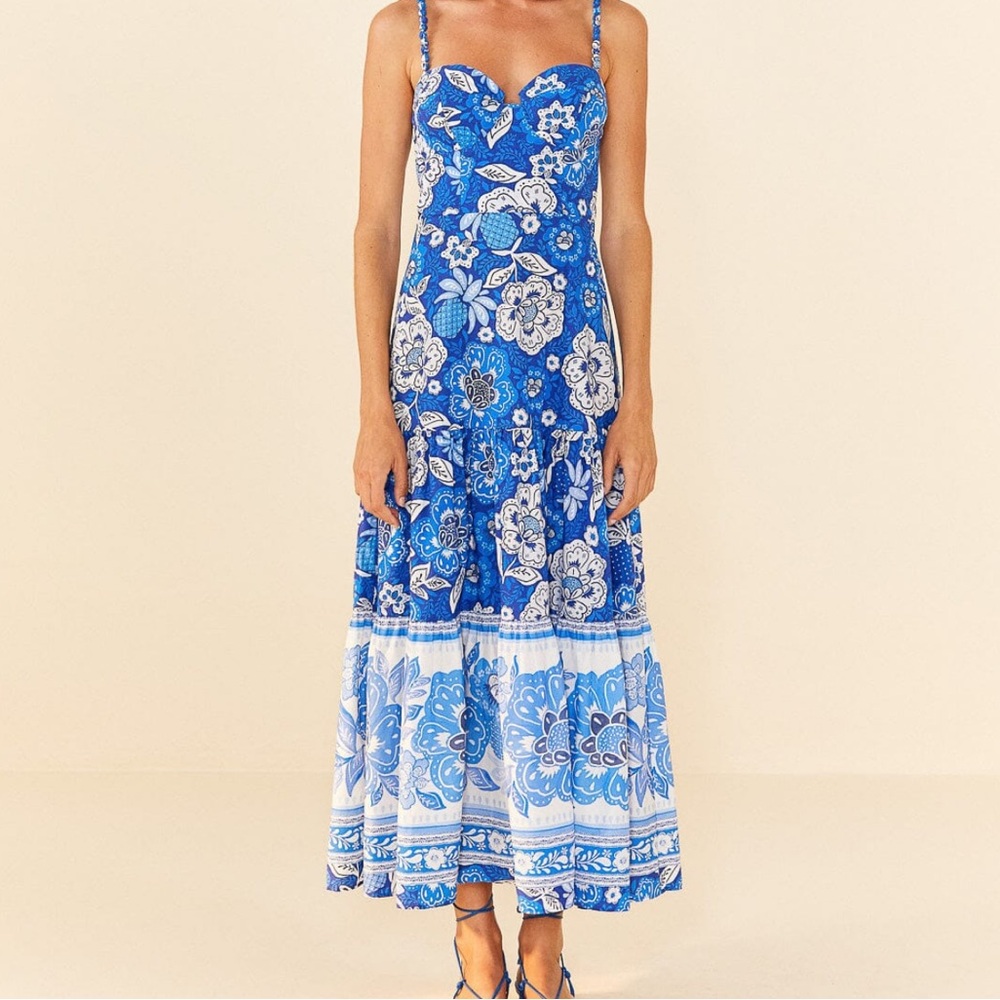 Farm Rio “Full of Hearts” blue pattern maxi dress